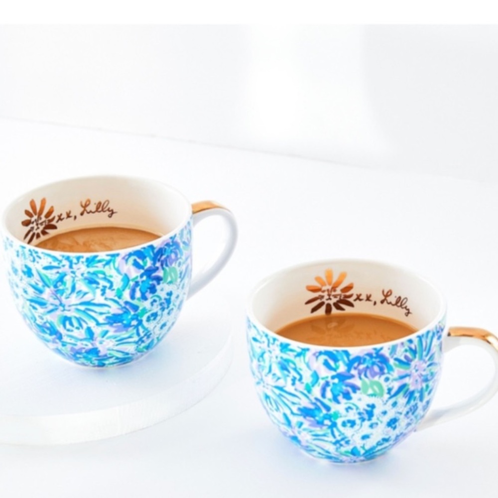 Lilly Pulitzer Floral Mug - Blue and Green set of two ceramic mugs gold handles